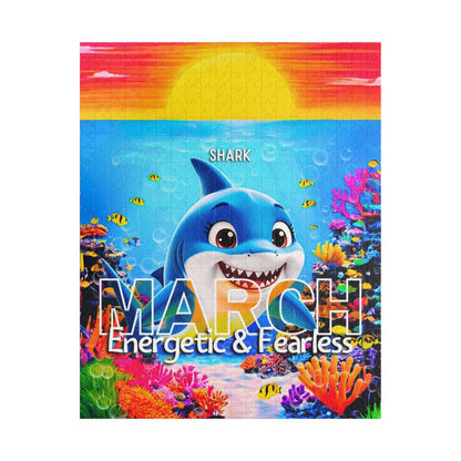 Kids birth month puzzle March featuring energetic and fearless shark with colorful underwater scene