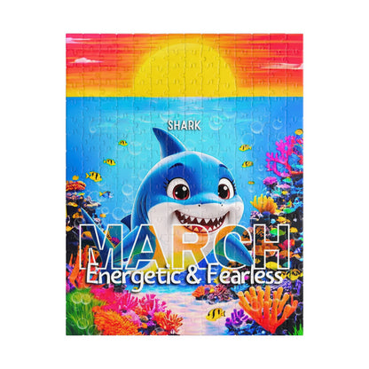 Kids birth month puzzle featuring March shark with colorful underwater scene and sun