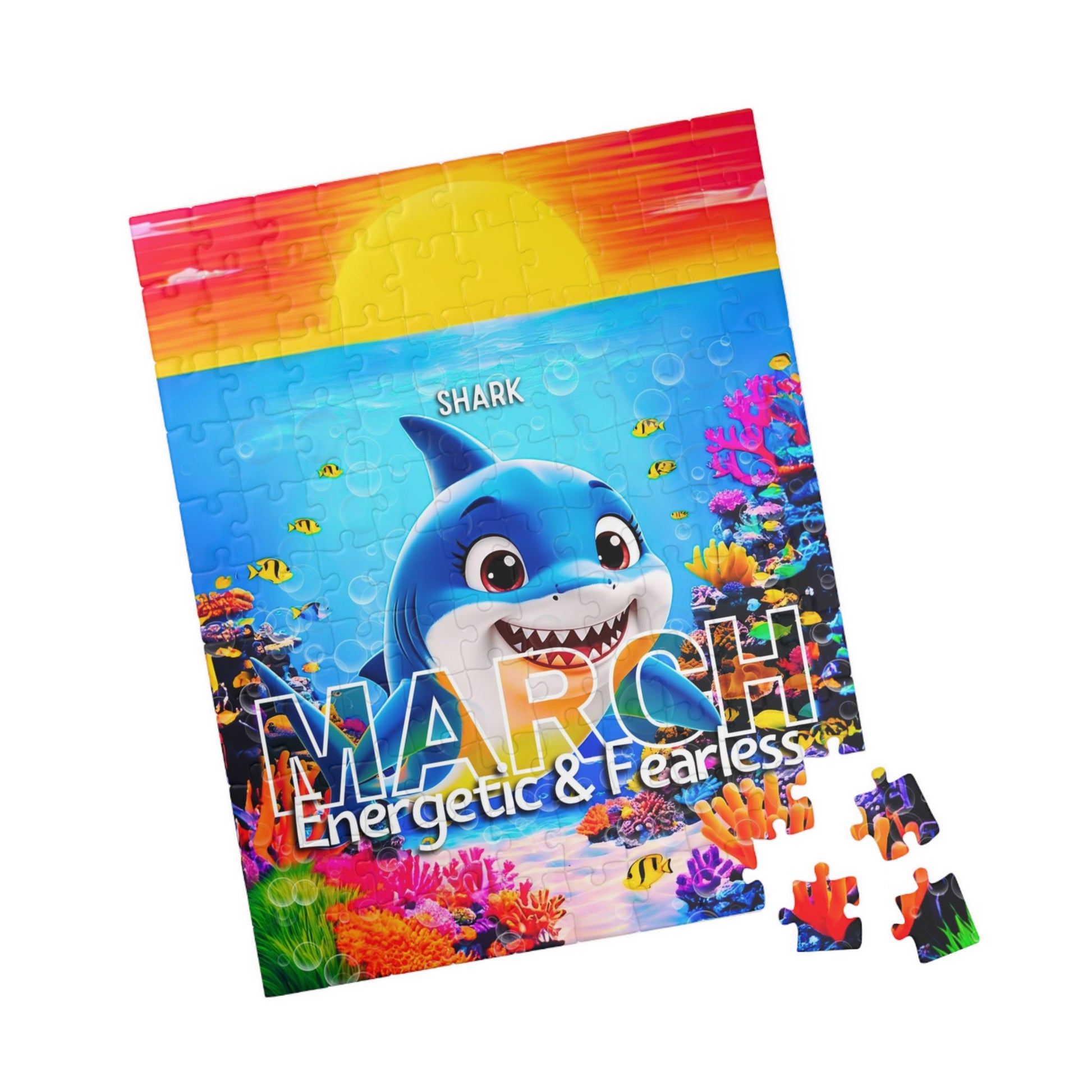 March kids birth month puzzle featuring a friendly shark and colorful underwater scene