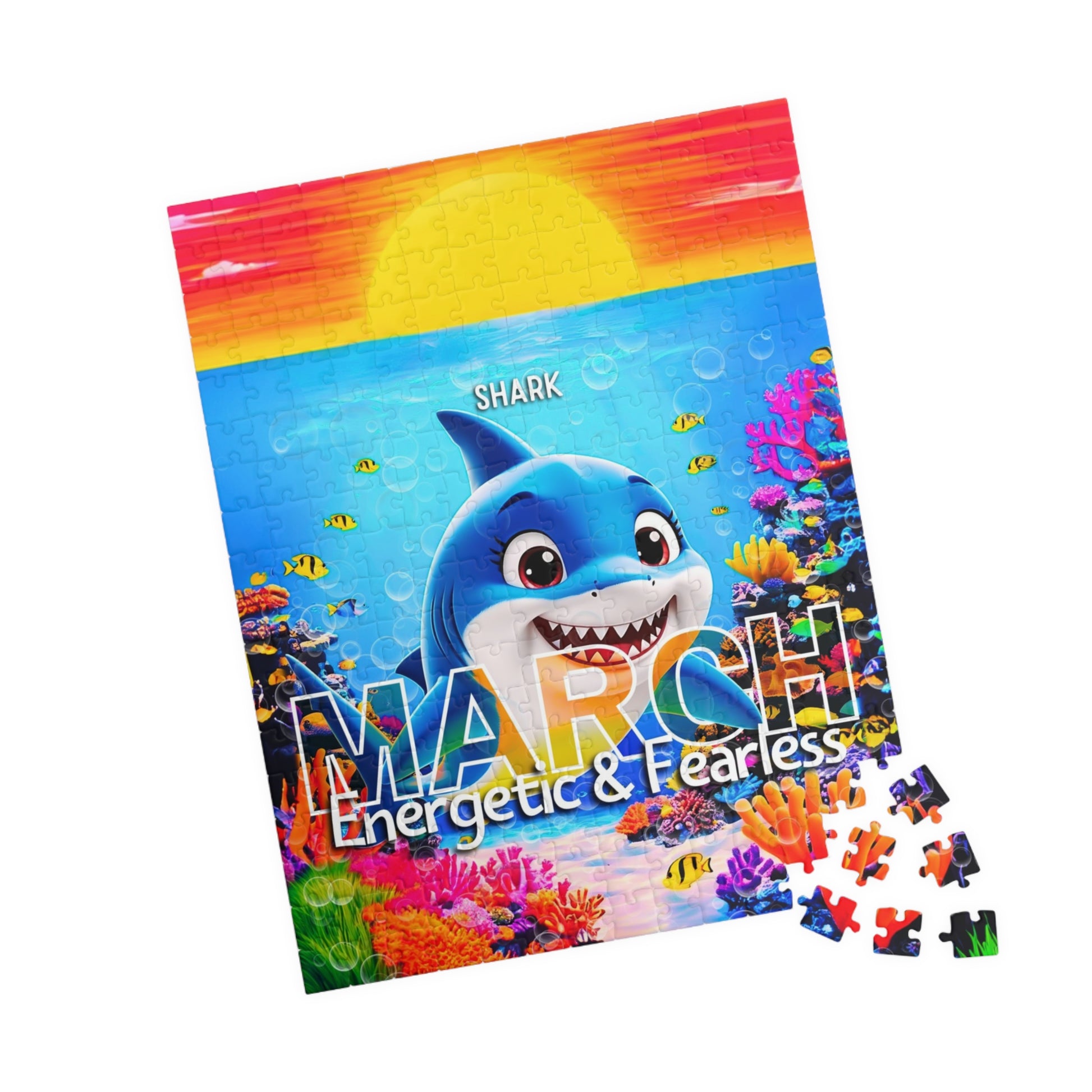 Kids birth month puzzle featuring March with shark and colorful underwater scene