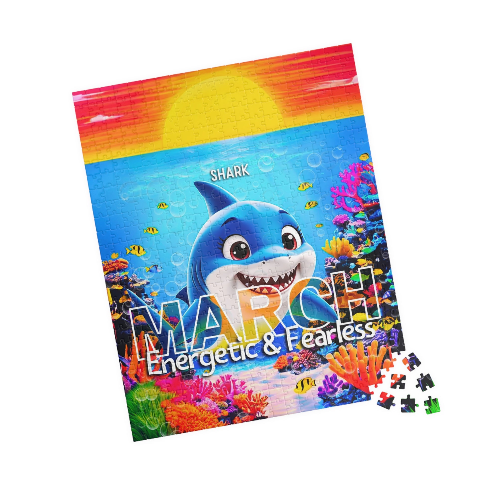 Kids birth month puzzle featuring March with a cheerful shark and colorful underwater scene
