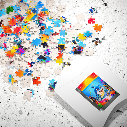 Kids birth month puzzle with colorful scattered pieces and white packaging on speckled surface