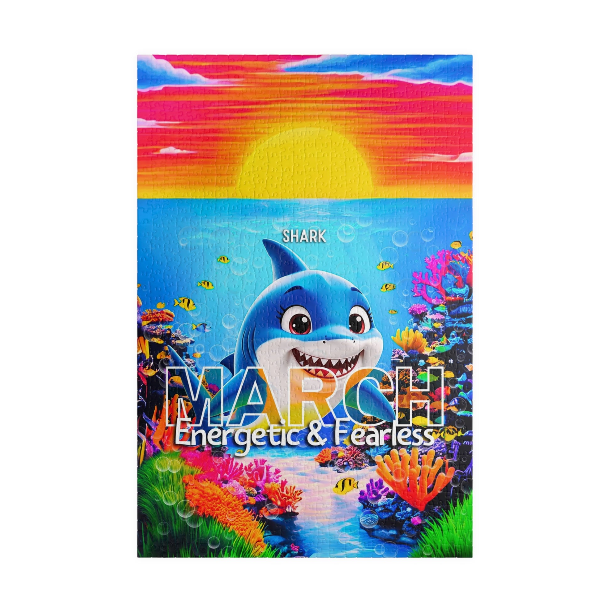 Kids birth month puzzle featuring March with a cheerful shark and colorful ocean scene