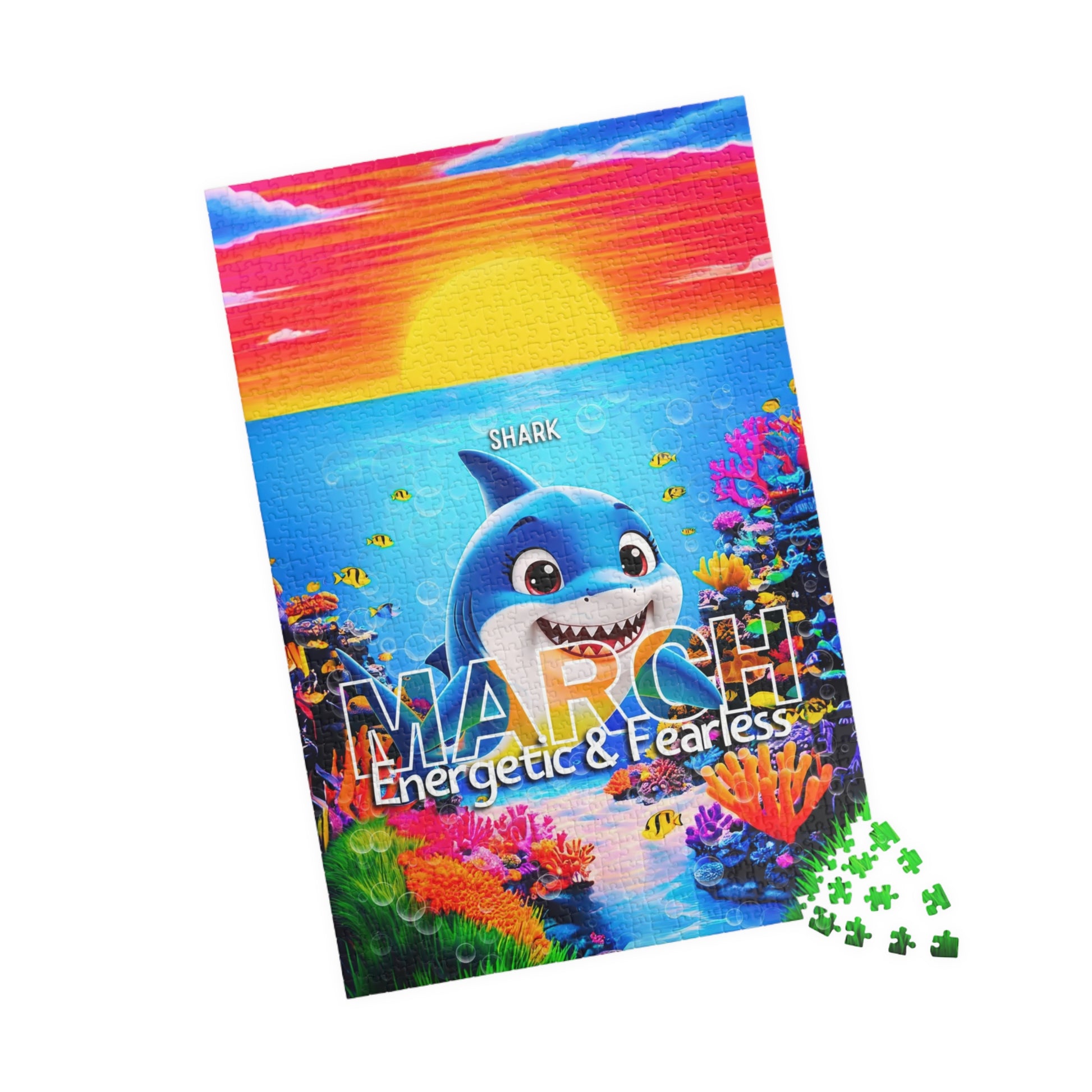 Kids birth month puzzle featuring a colorful shark design for March with ocean and sunset background