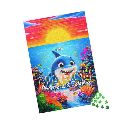 Kids birth month puzzle featuring a colorful shark design for March with ocean and sunset background