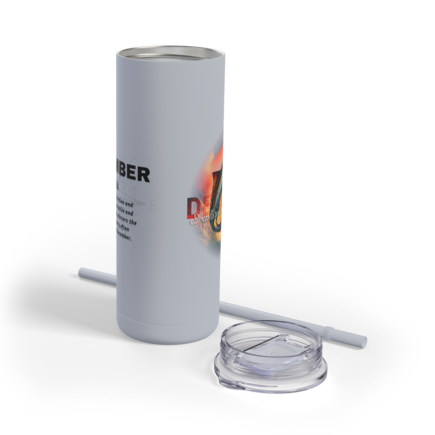 December Cobia birth month travel tumbler with a straw and lid on a white background