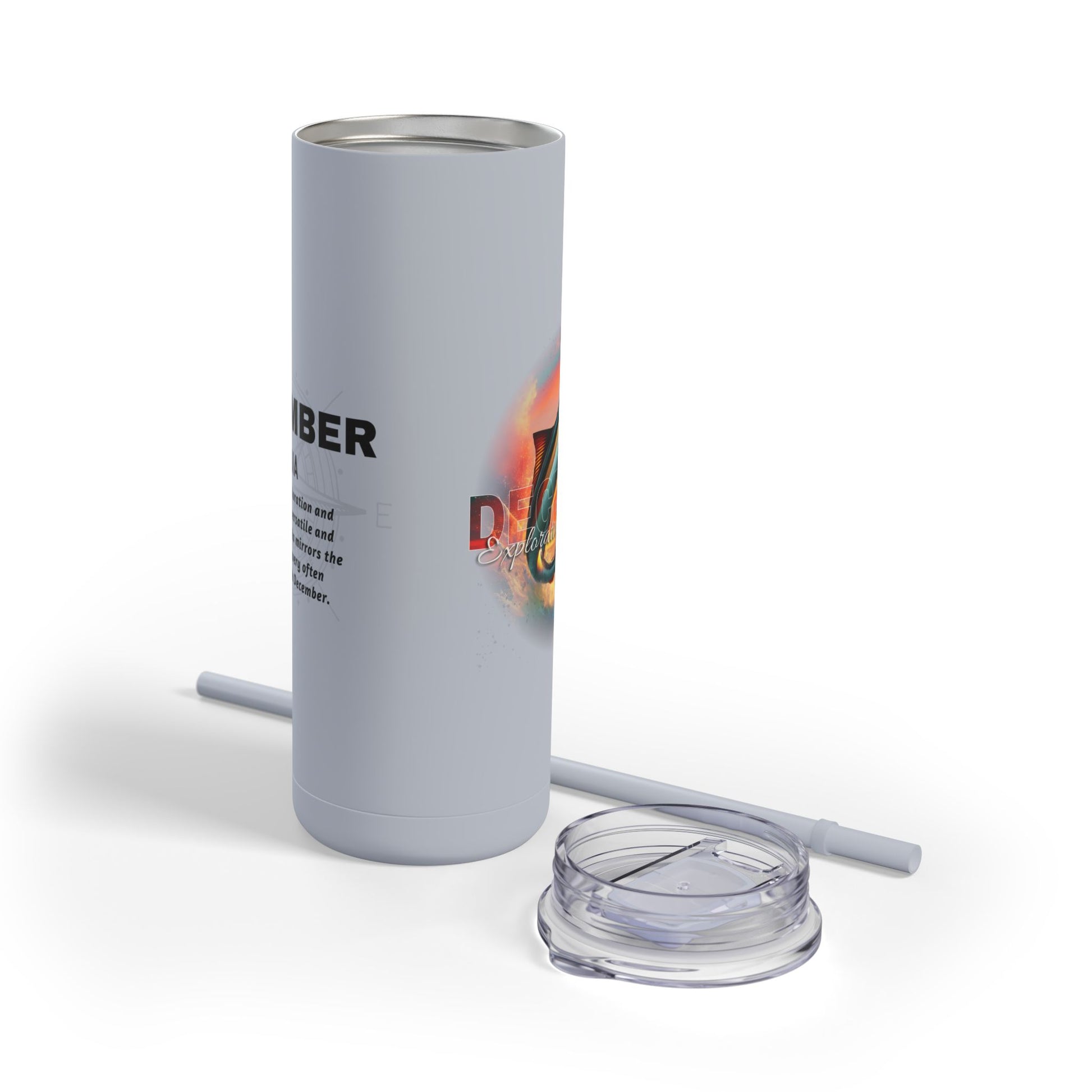 December Cobia birth month travel tumbler with a straw and lid on a white background