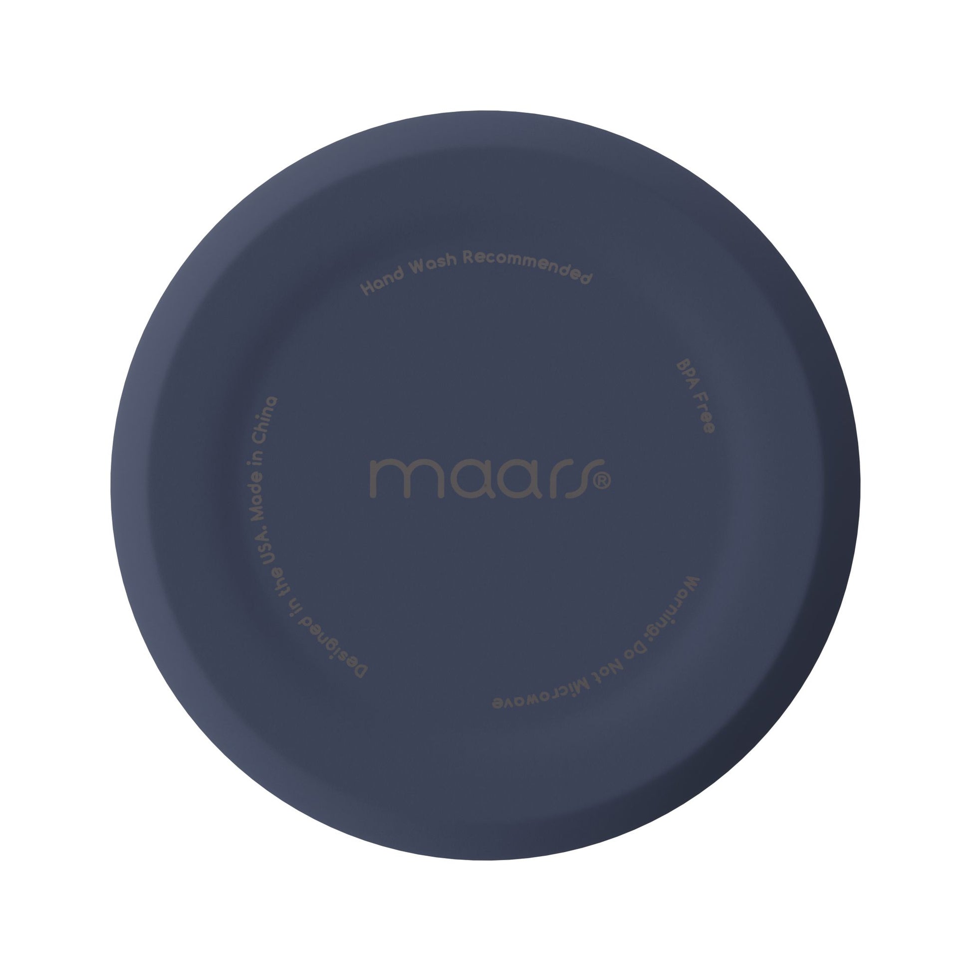 Indigo travel tumbler bottom with 'maars' branding on a white background. December Cobia birth month design