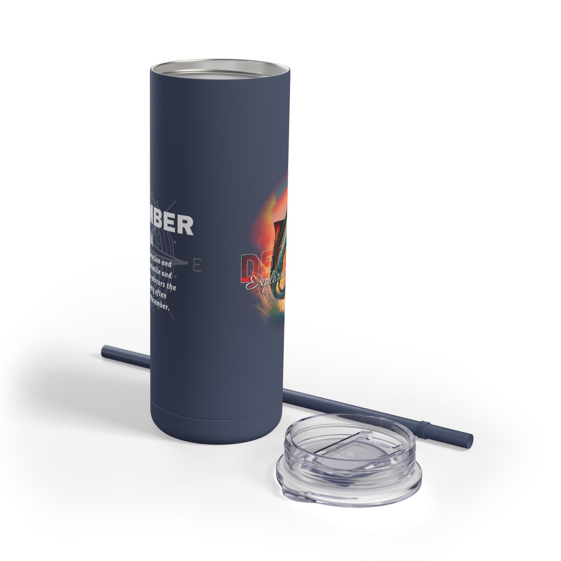Indigo travel tumbler with text and graphics on a white background. December Cobia birth month design