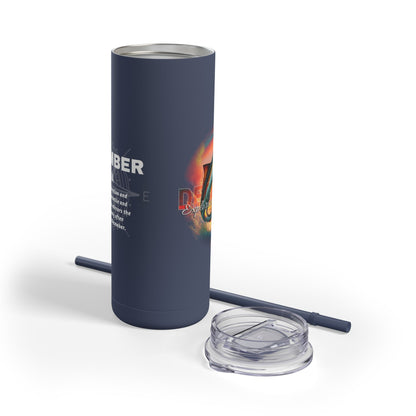 Indigo travel tumbler with text and graphics on a white background. December Cobia birth month design
