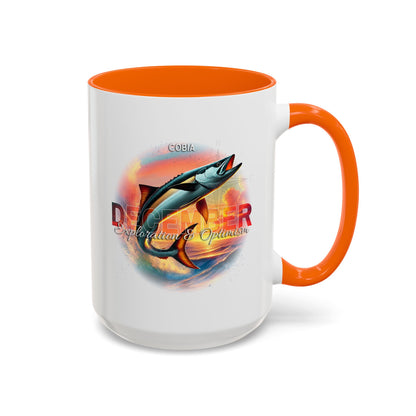 Birth month coffee mug with orange interior and handle featuring a December Cobia design and text on a white background