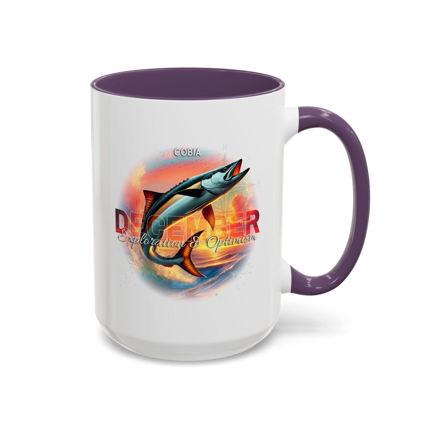 Birth Month Coffee Mug with a December Cobia design and text on a white background