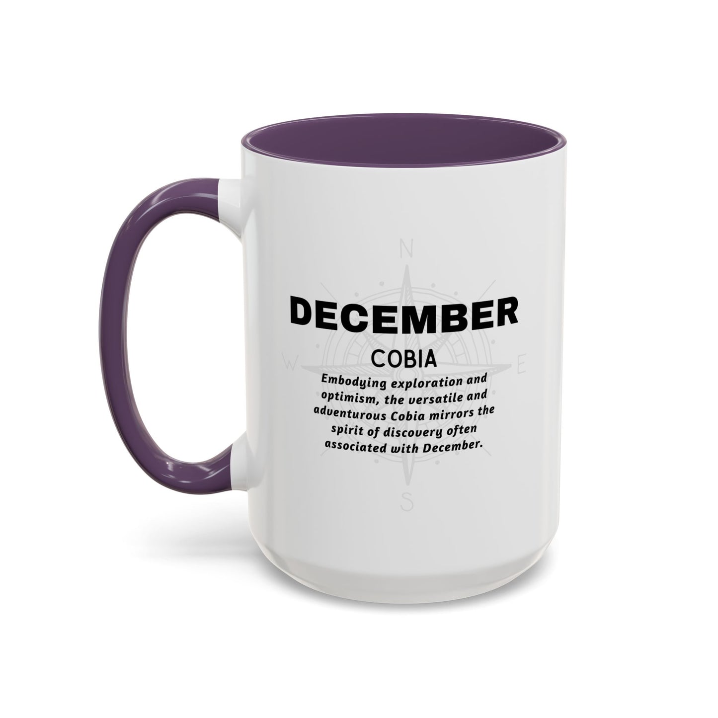 Birth Month White Coffee ug with purple handle and interior, featuring text about the month of December and the fish Cobia.