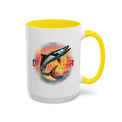 Birth Month Coffee Mug with yellow interior and handle featuring December Cobia design and text on a white background