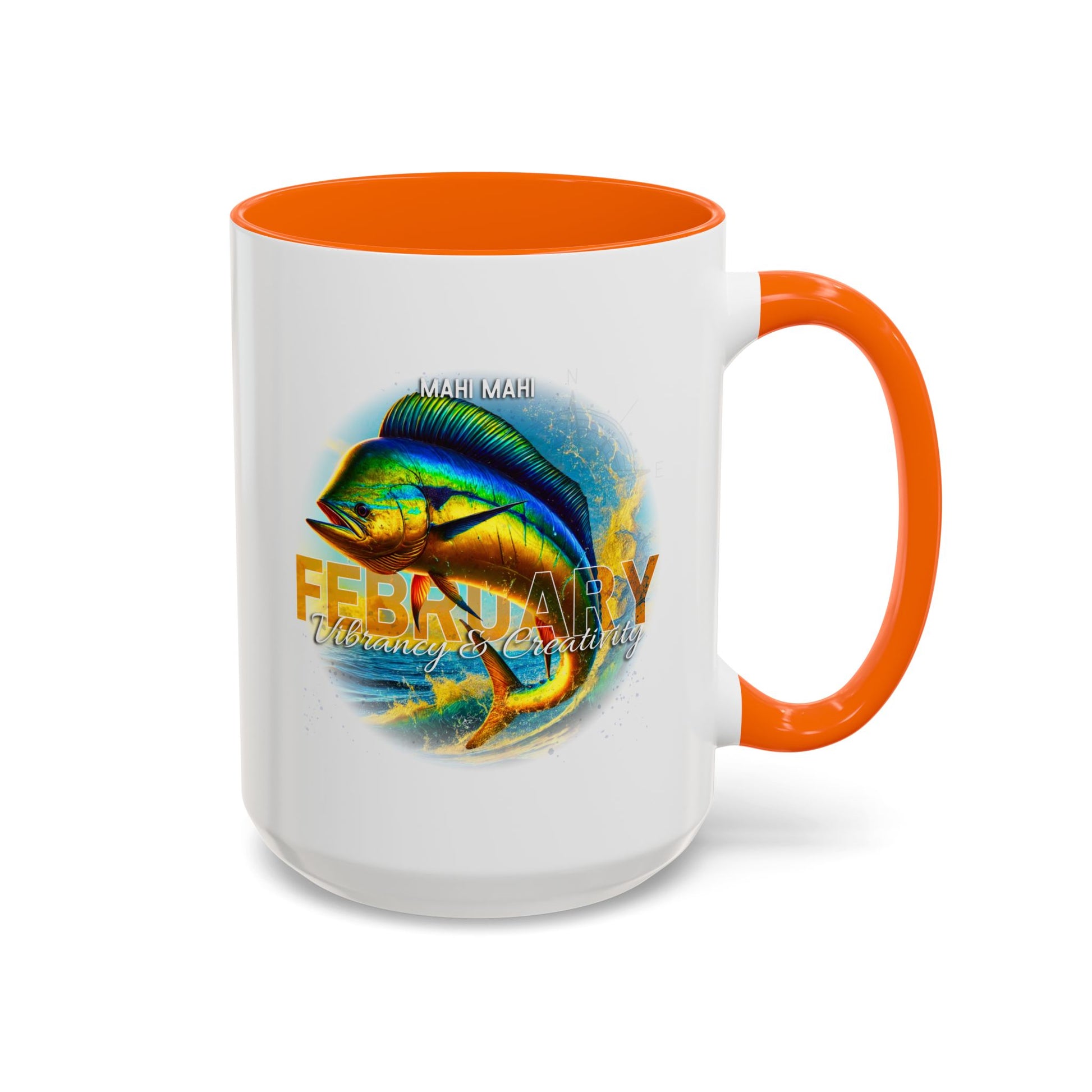 Birth Month Coffee Mug with a colorful Mahi Mahi design and 'February' text on a white background