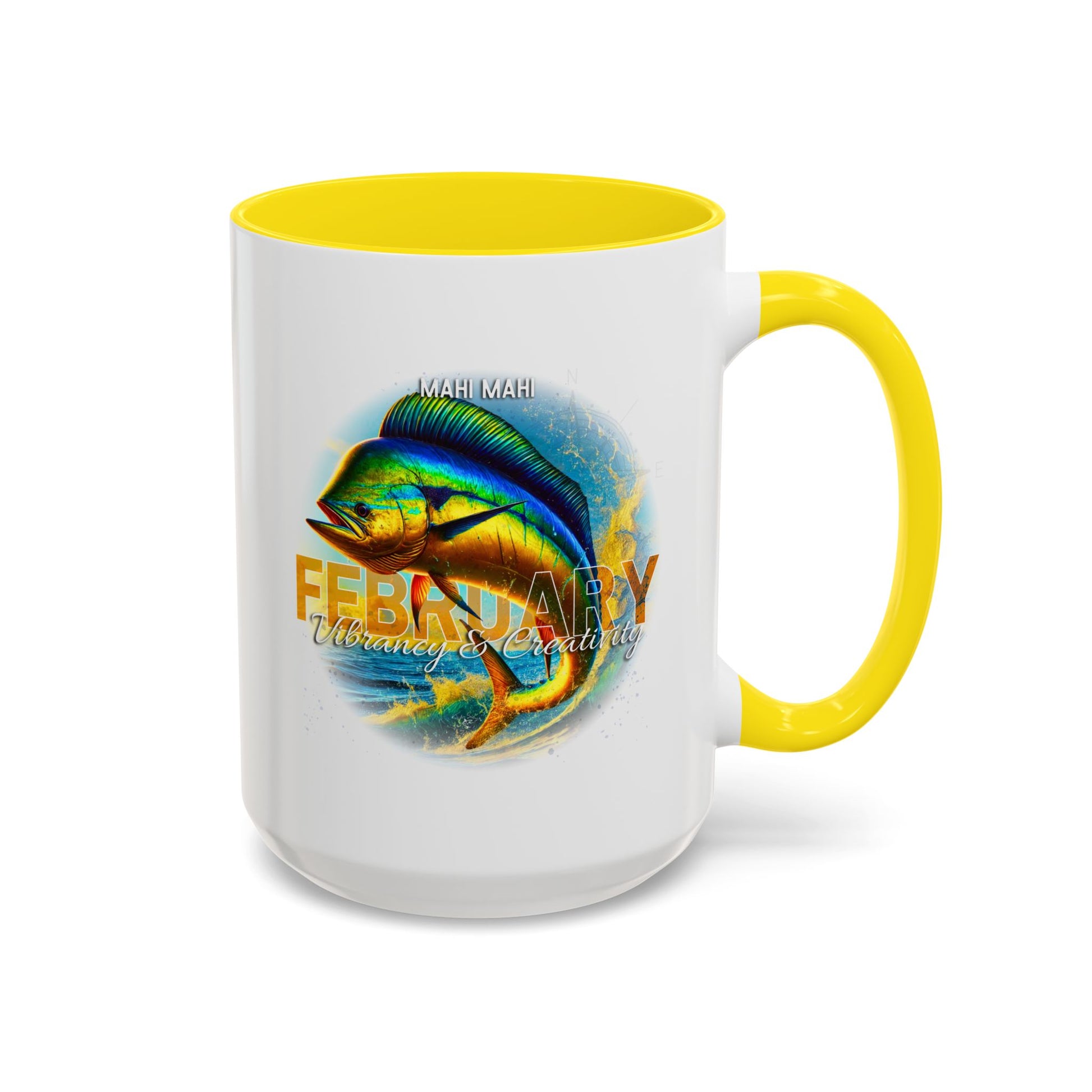 Birth Month Coffee Mug with a colorful Mahi Mahi fish design and 'February' text on a white background