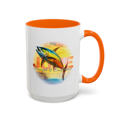 Birth Month Coffee Mug with June Tuna design and 'Strength & Endurance' text on a white background