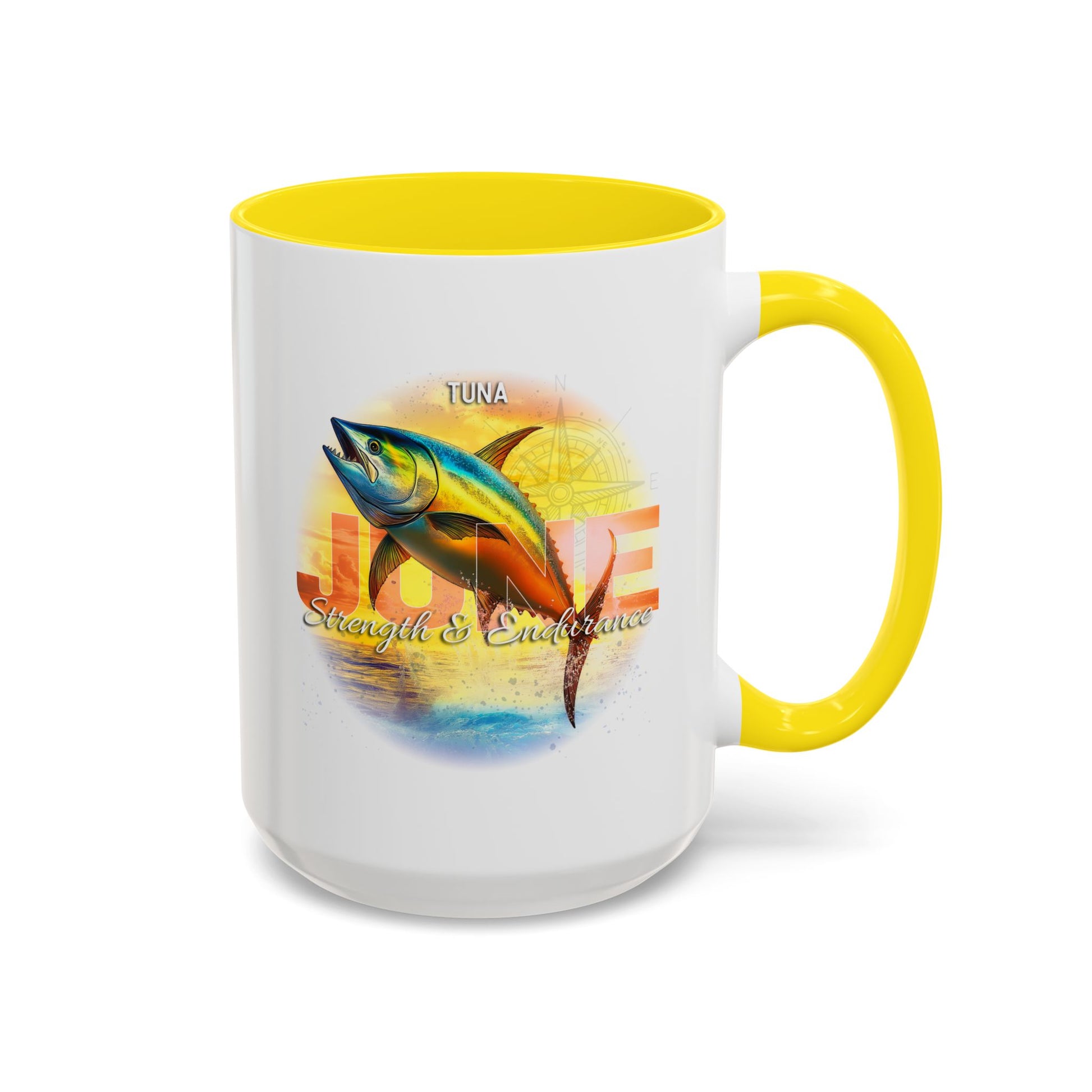 Birth Month Coffee Mug with June Tuna design and text on a white background