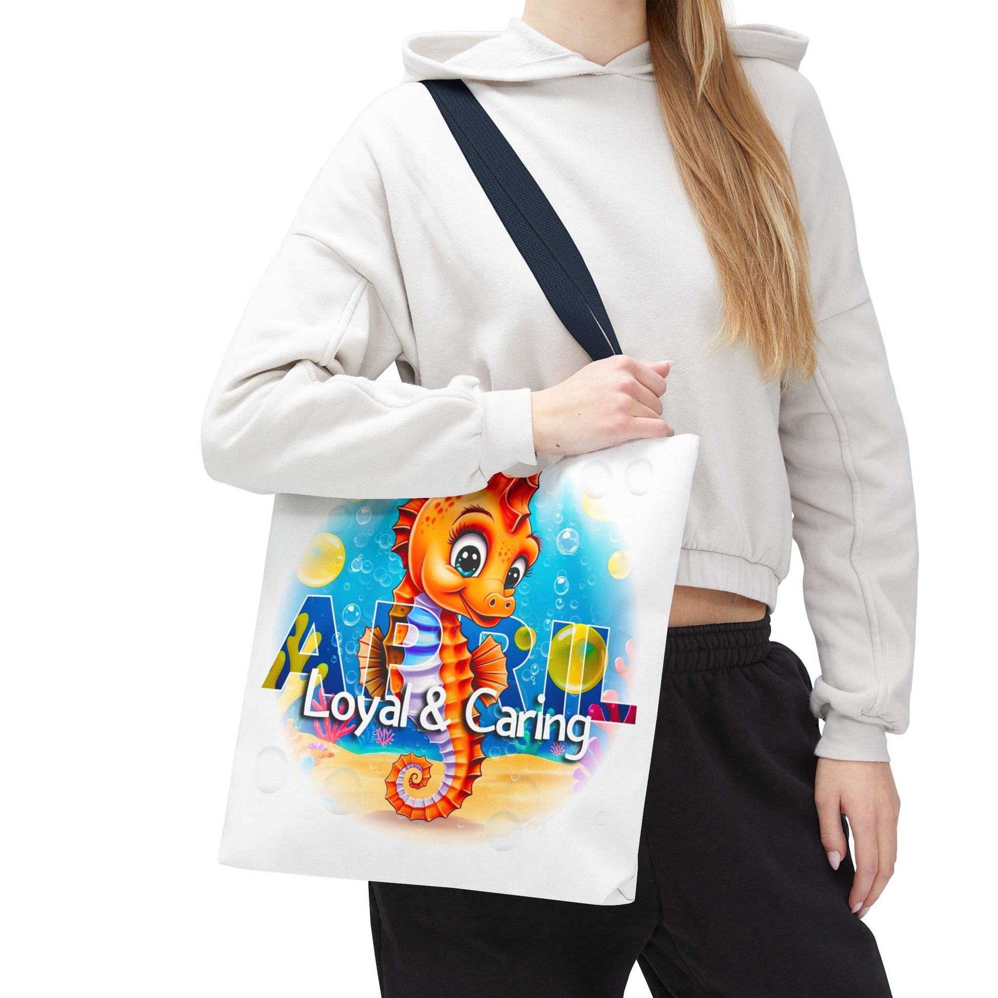 Kids birth month beach tote bag with colorful seahorse loyal caring text
