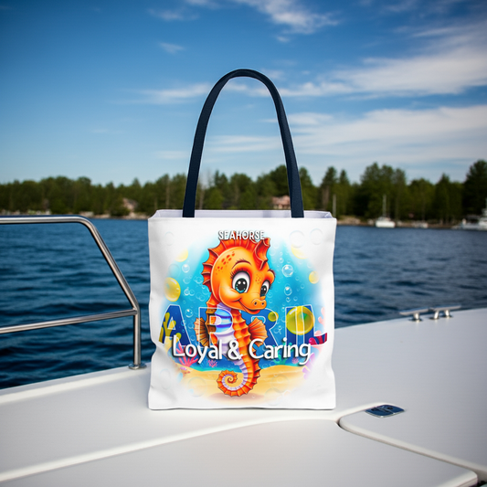 Kids birth month beach tote bag featuring a colorful seahorse design with loyal and caring text