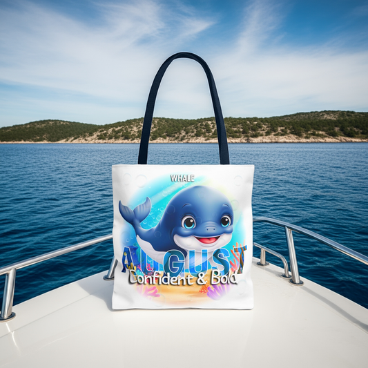 Kids birth month beach tote bag with cute whale design for August on a boat