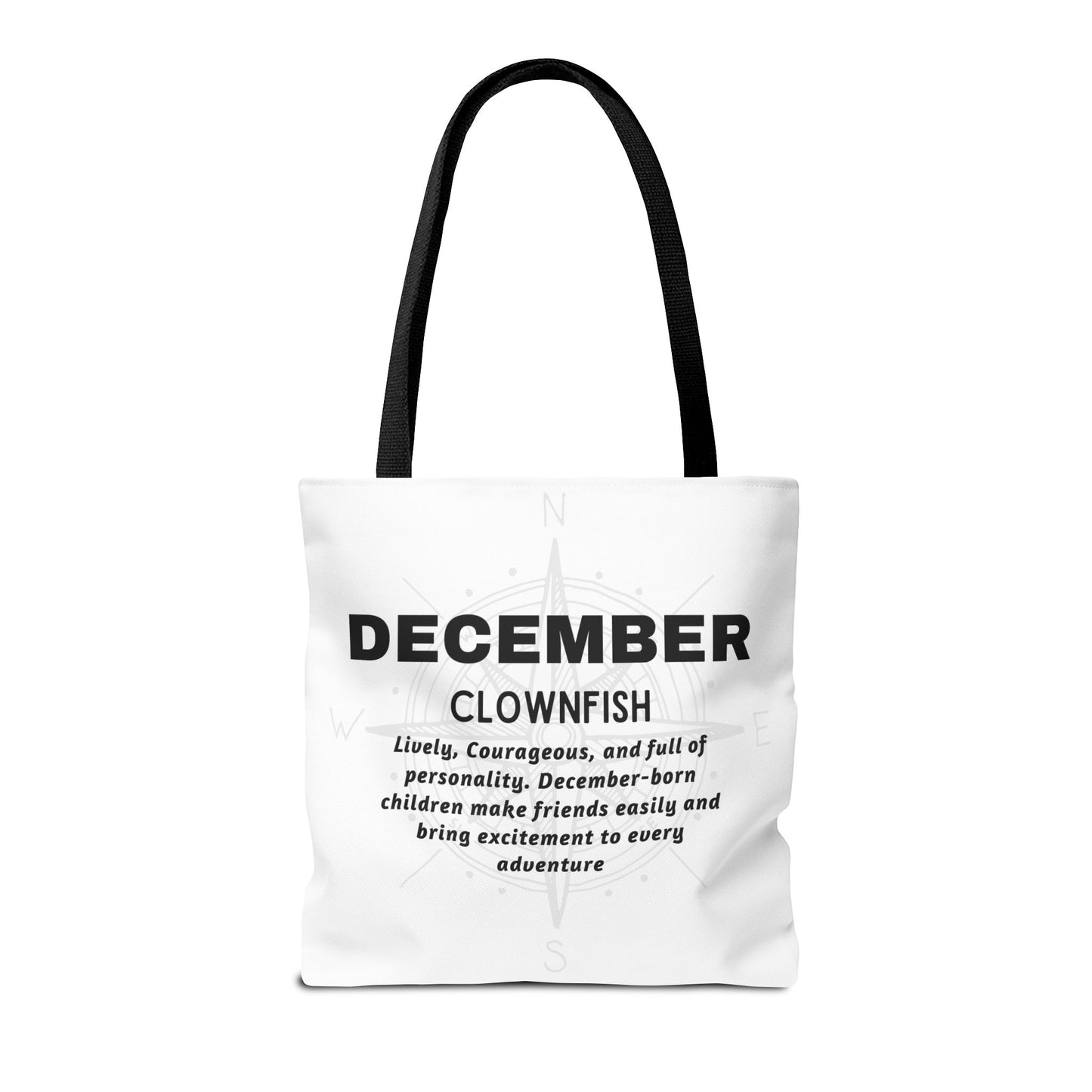 Kids birth month beach tote bag with December clownfish design and inspirational text