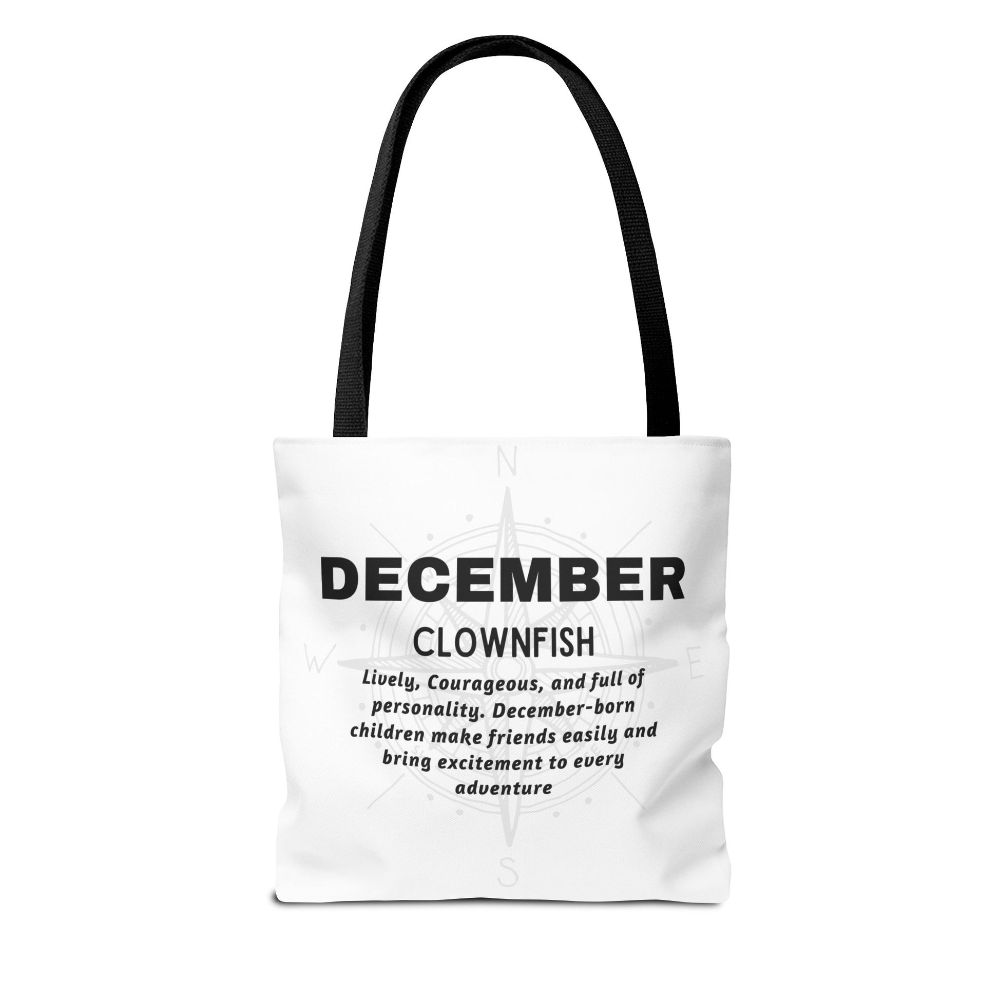 Kids birth month beach tote bag with December clownfish design and personality traits