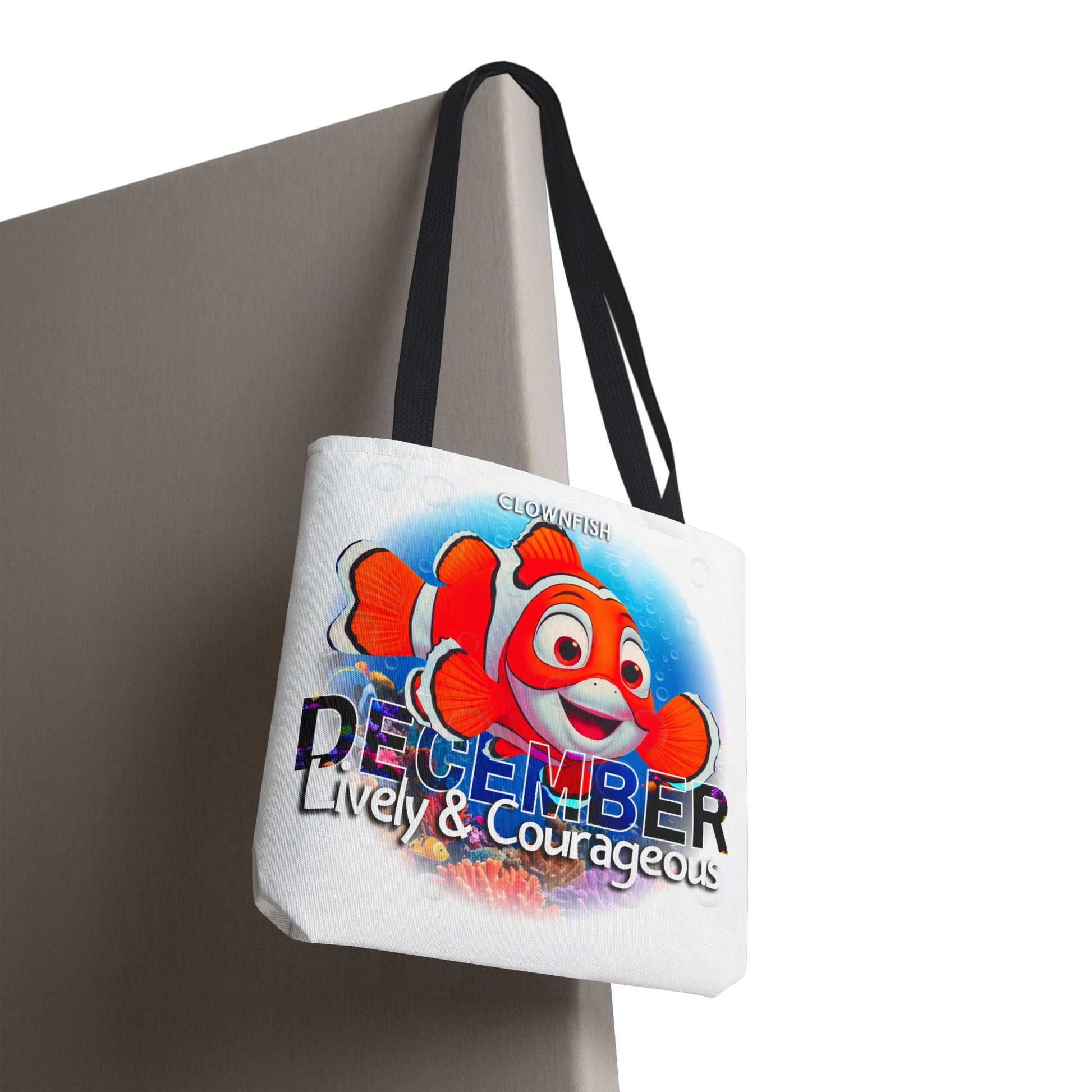Kids birth month beach tote bag, with colorful clownfish and December design