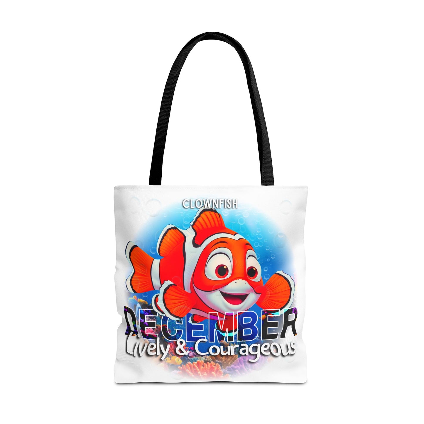 Kids birth month beach tote bag with colorful clownfish and December text design
