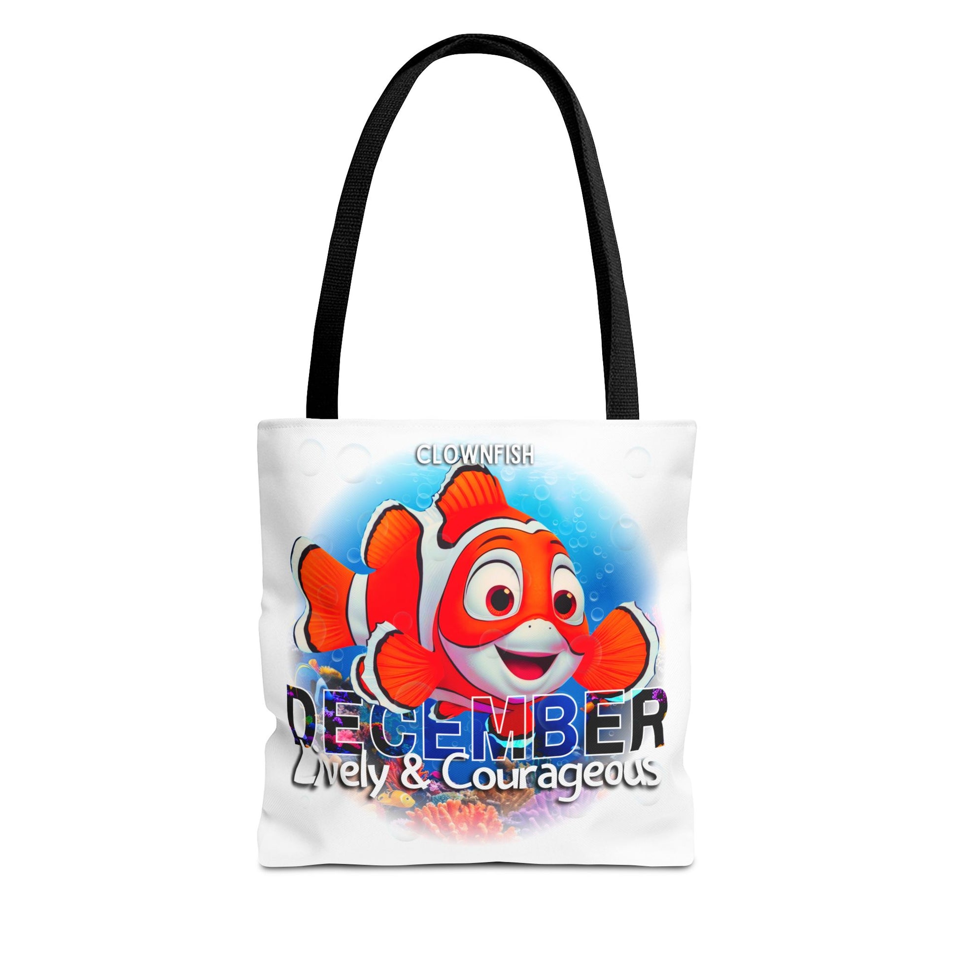 Kids birth month beach tote bag with December clownfish design on white background