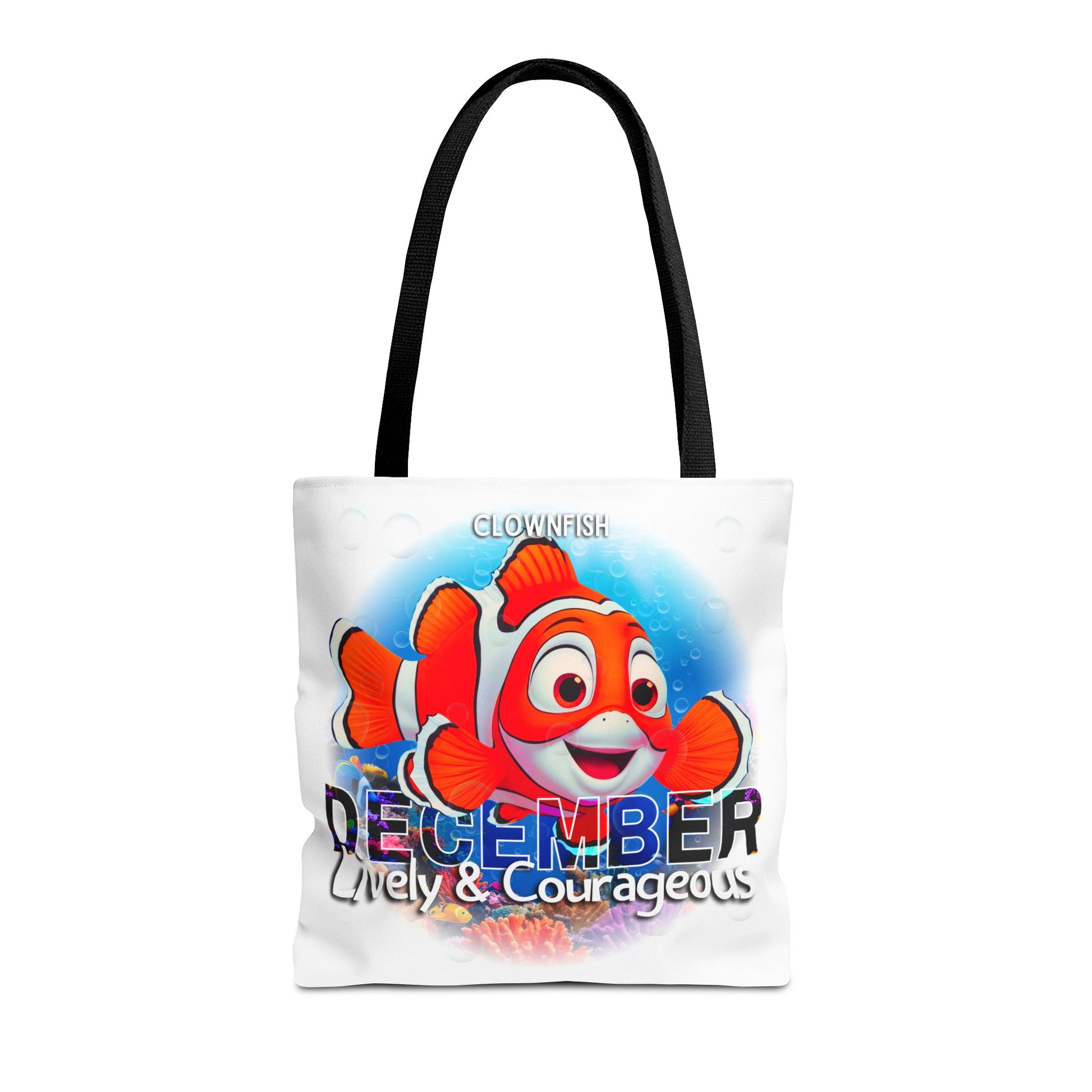 Kids birth month beach tote bag featuring a colorful December clownfish design with lively and courageous text