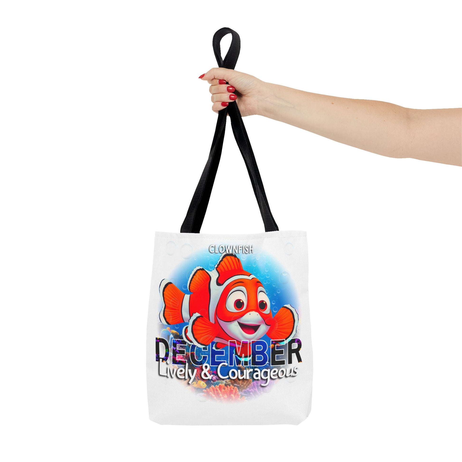 Kids birth month beach tote bag with colorful clownfish design for December