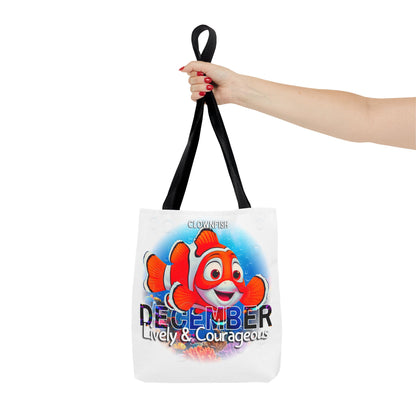 Kids birth month beach tote bag with colorful clownfish design for December