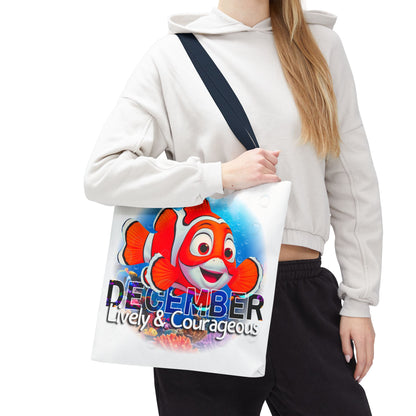 Kids birth month beach tote bag with December theme and colorful clownfish design