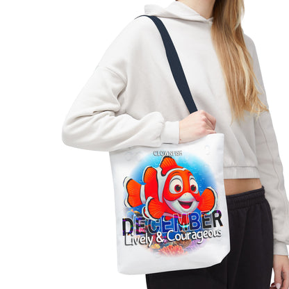 Kids birth month beach tote bag with colorful clownfish and December design