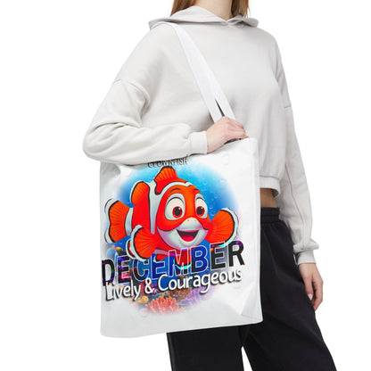 Kids birth month beach tote bag with lively December clownfish design