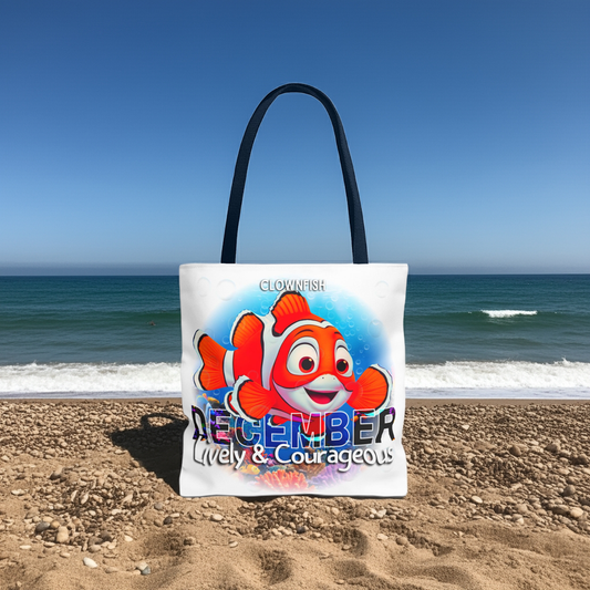 Kids birth month beach tote bag featuring December clownfish design with lively and courageous text