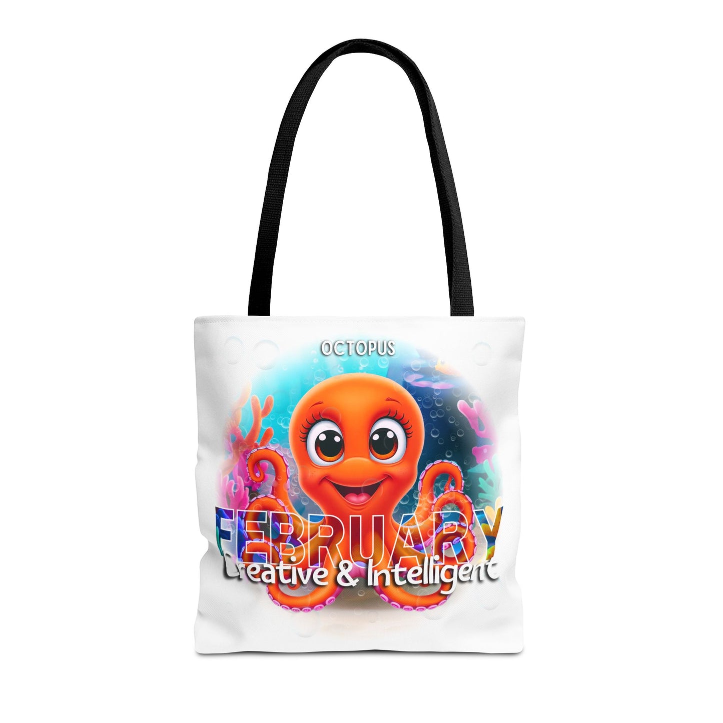 Kids birth month beach tote bag featuring cute February octopus design with creative and intelligent text