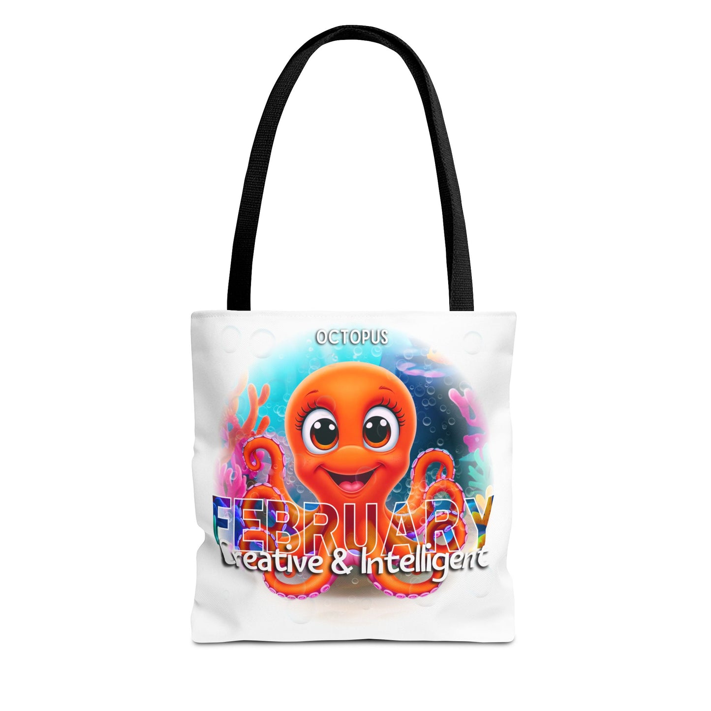 Kids birth month beach tote bag, with colorful February octopus design and black handles
