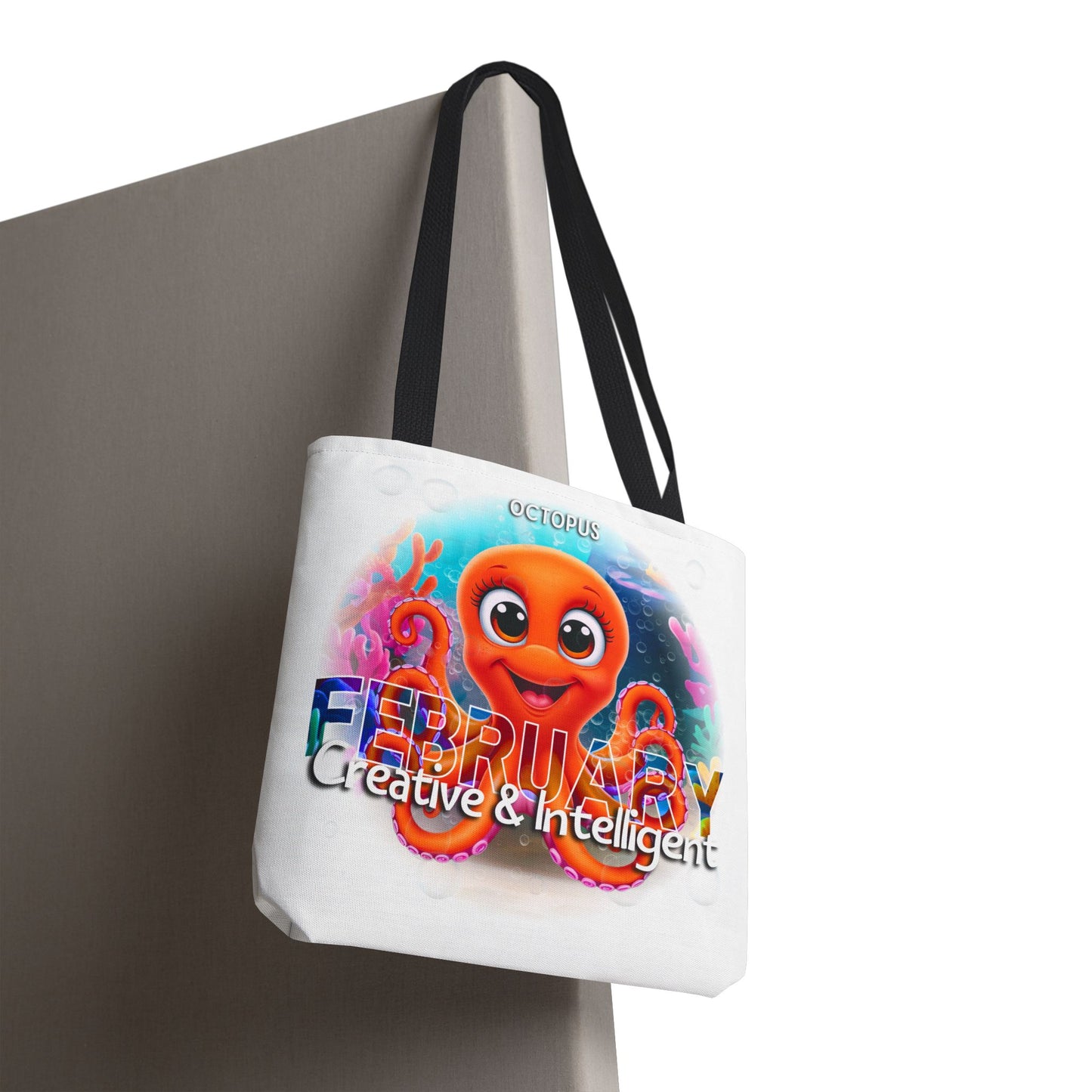 Kids birth month beach tote bag with colorful octopus February design and black handles