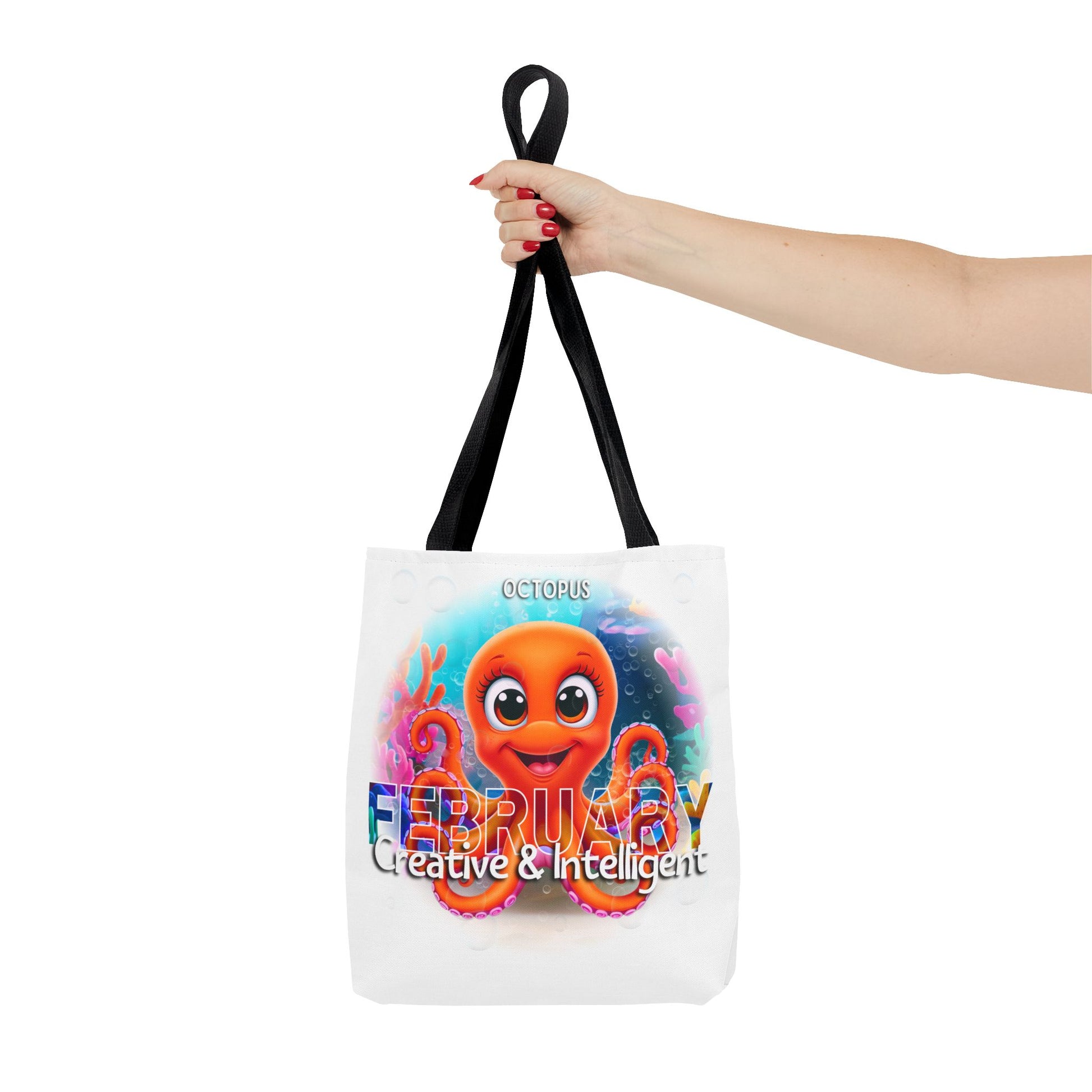 Kids birth month beach tote bag featuring February octopus design with creative and intelligent text
