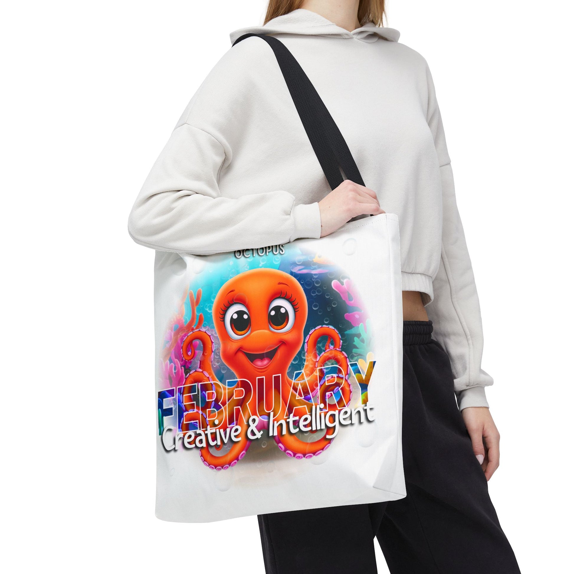 Kids birth month beach tote bag featuring colorful February octopus design and creative intelligent text