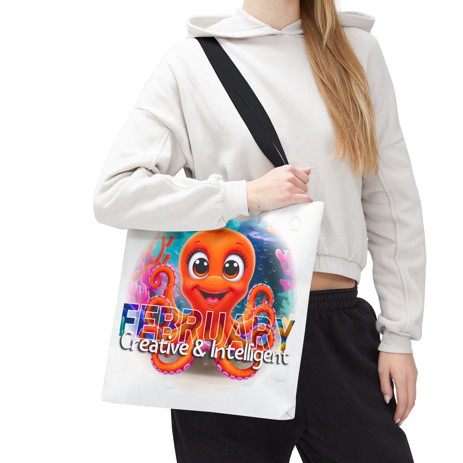 Kids birth month beach tote bag with colorful February octopus design and text creative and intelligent