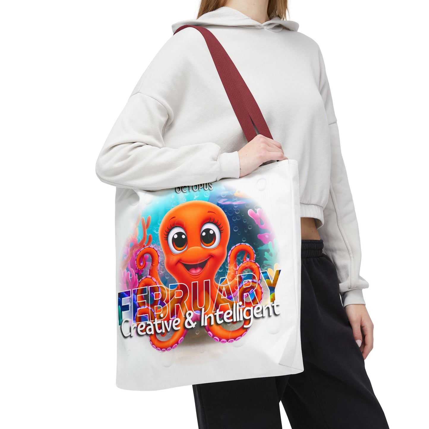 Kids birth month beach tote bag featuring a colorful February octopus design with creative and intelligent text