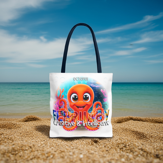 Kids birth month beach tote bag with cute octopus design for February on sandy beach