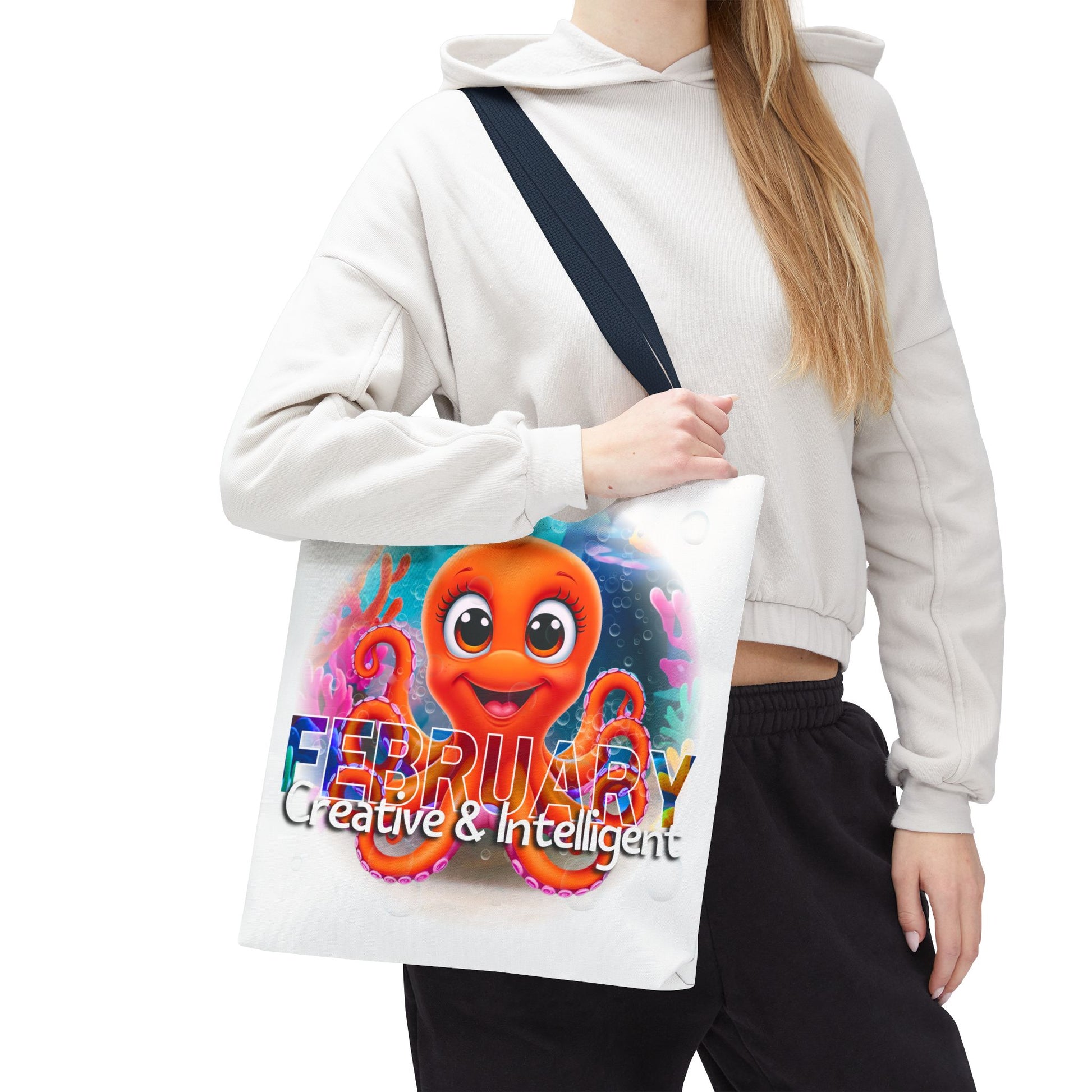 Kids birth month beach tote bag featuring colorful February octopus design, with creative and intelligent text