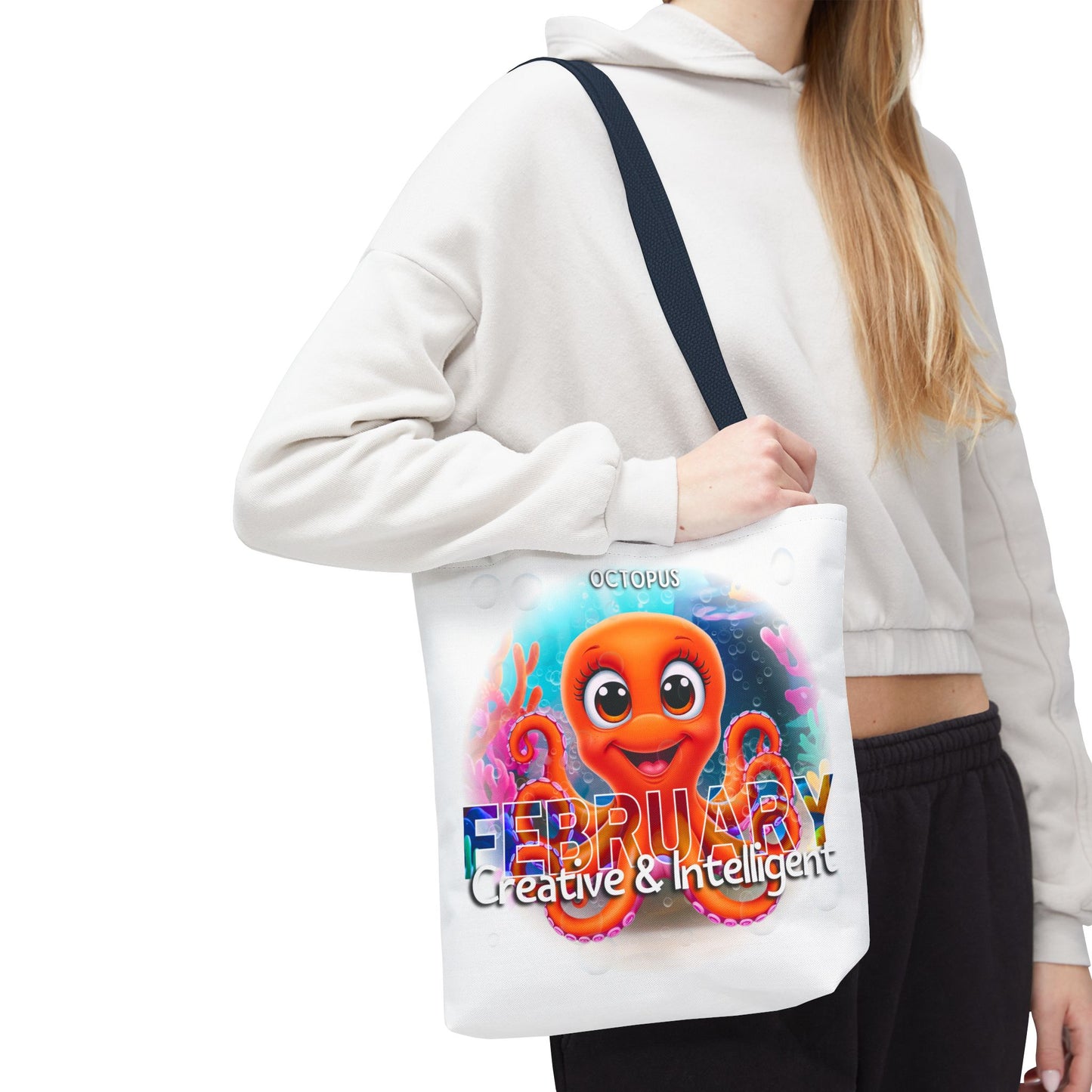 Kids birth month beach tote bag, with colorful February octopus design and creative text
