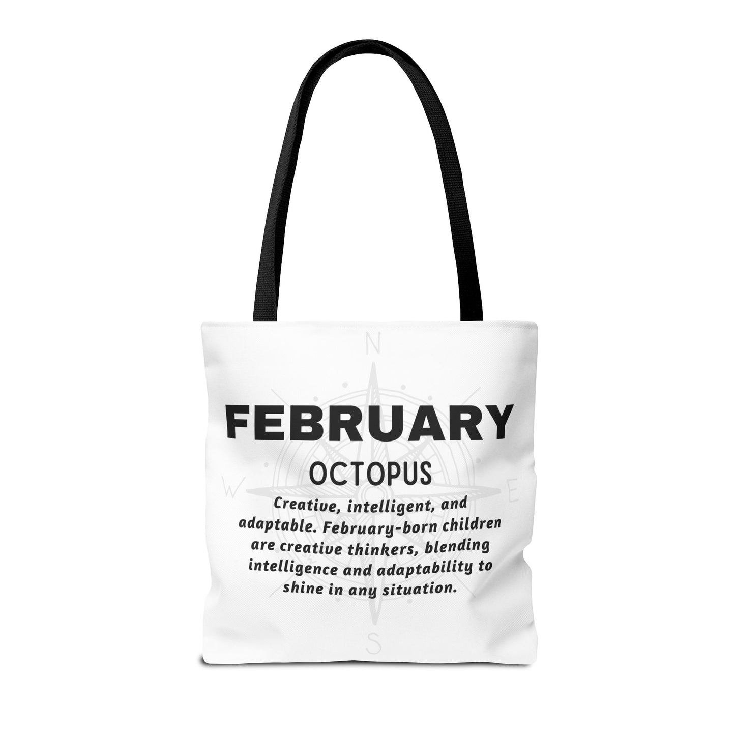 Kids birth month beach tote bag for February with Octopus design and descriptive text