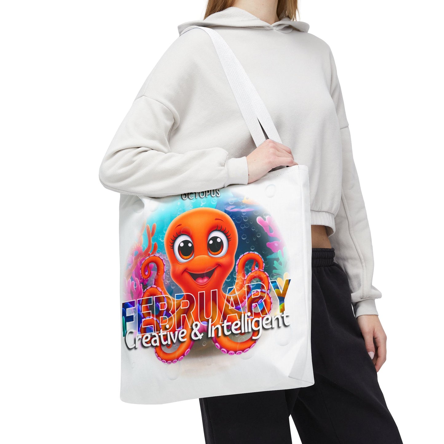 Kids birth month beach tote bag with colorful February octopus design and creative intelligent text