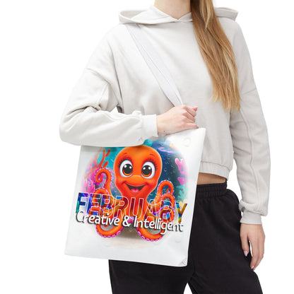 Kids birth month beach tote bag featuring colorful February octopus design with creative and intelligent text